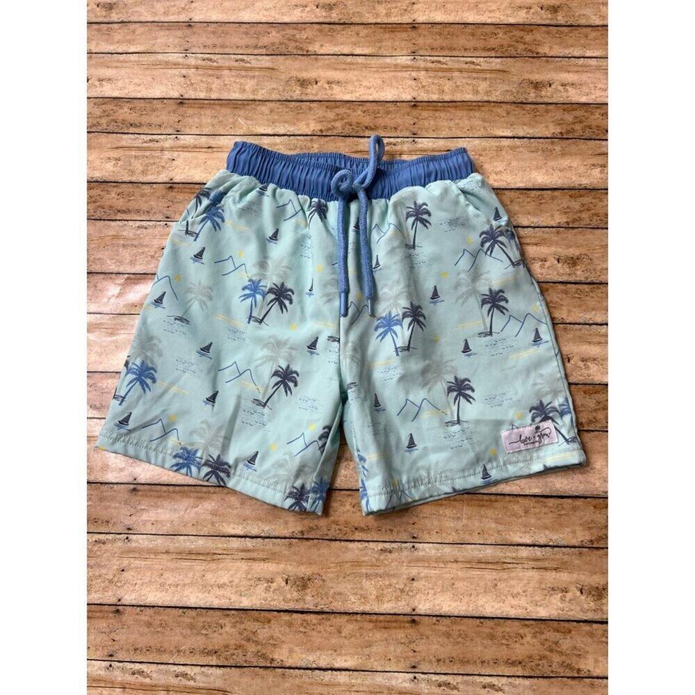 Love and Grow Blue Palm Swim Trunks 6Y